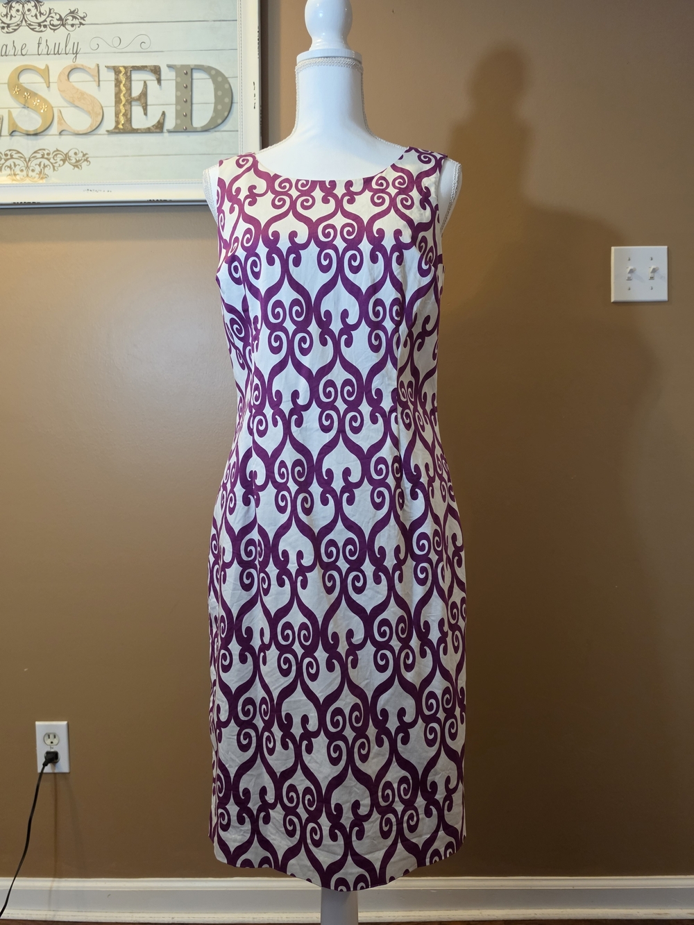 Charter Club Ivory Sheath Dress with Purple Scroll Print